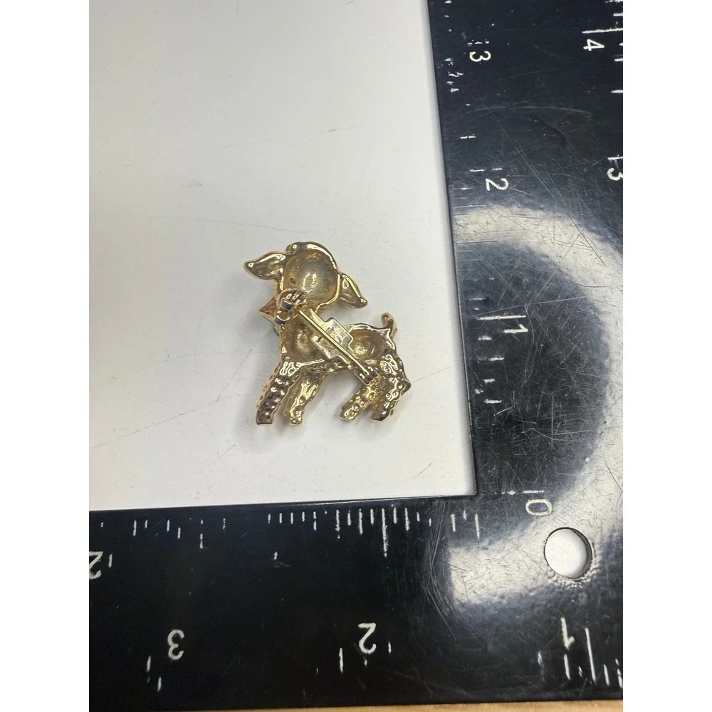 Gold Tone Lamb Brooch Red Rhinestone Eyes Green Enamel Bow Animal Pin Taiwan